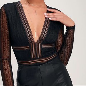 Lulu’s black sheer lace long sleeve bodysuit